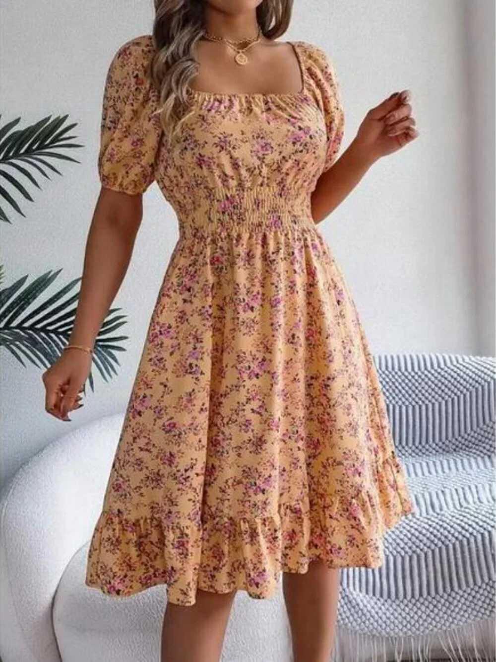 / Puff Sleeve Drawstring Short Sleeve Floral Dress - Picture 3 of 6